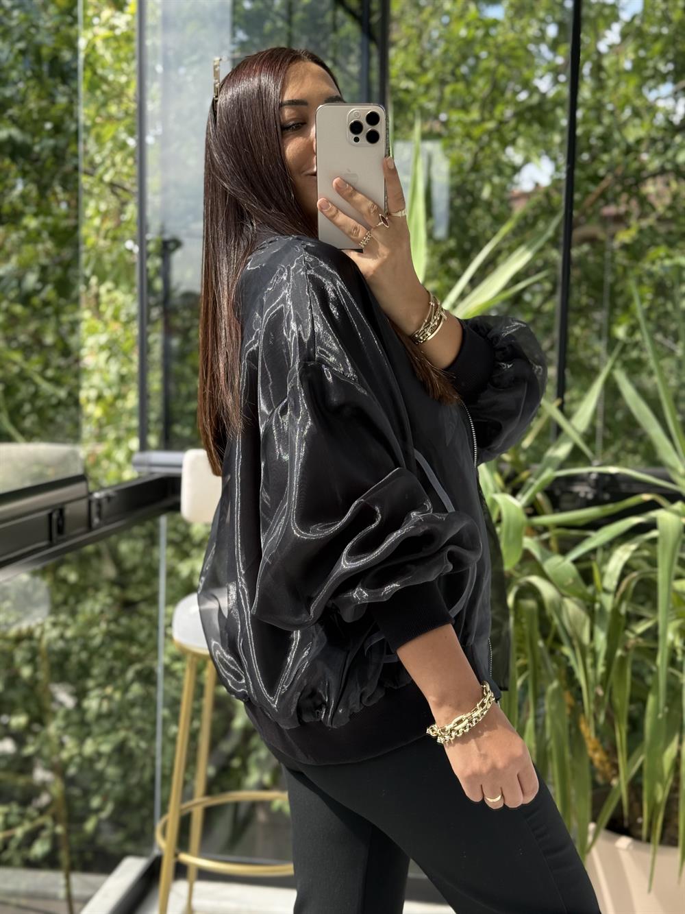 Fermuarlı Tül Bomber Ceket Siyah