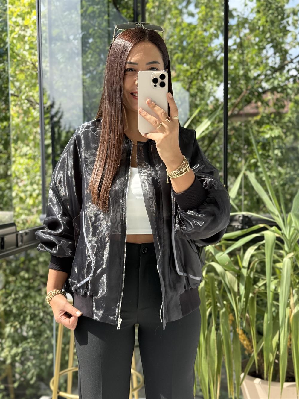 Fermuarlı Tül Bomber Ceket Siyah