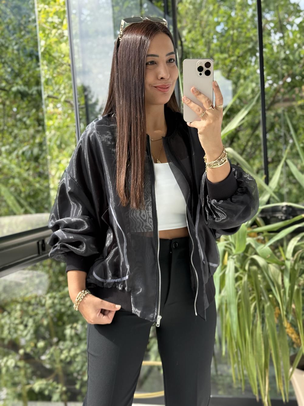 Fermuarlı Tül Bomber Ceket Siyah