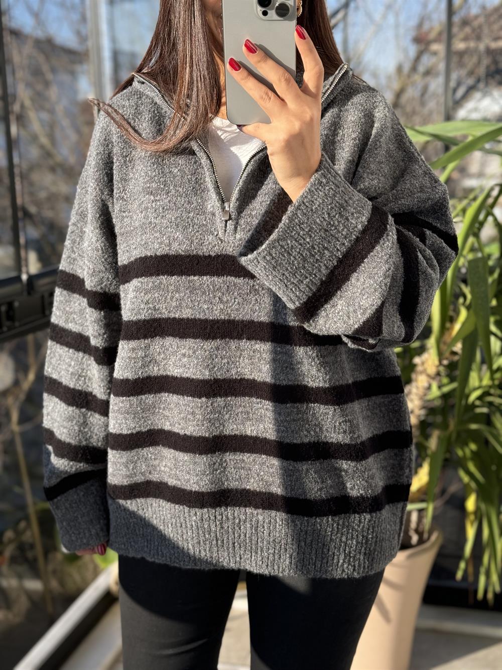 Fermuarlı Yumoş Kazak Gri