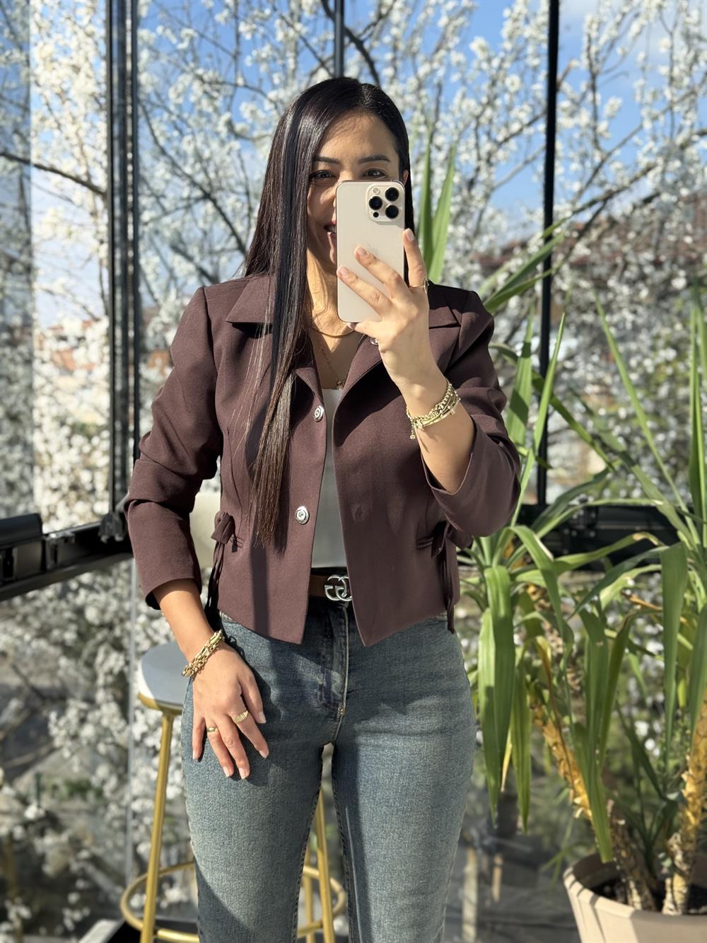 Uzun Kol Fiyonklu Blazer Ceket Kahve