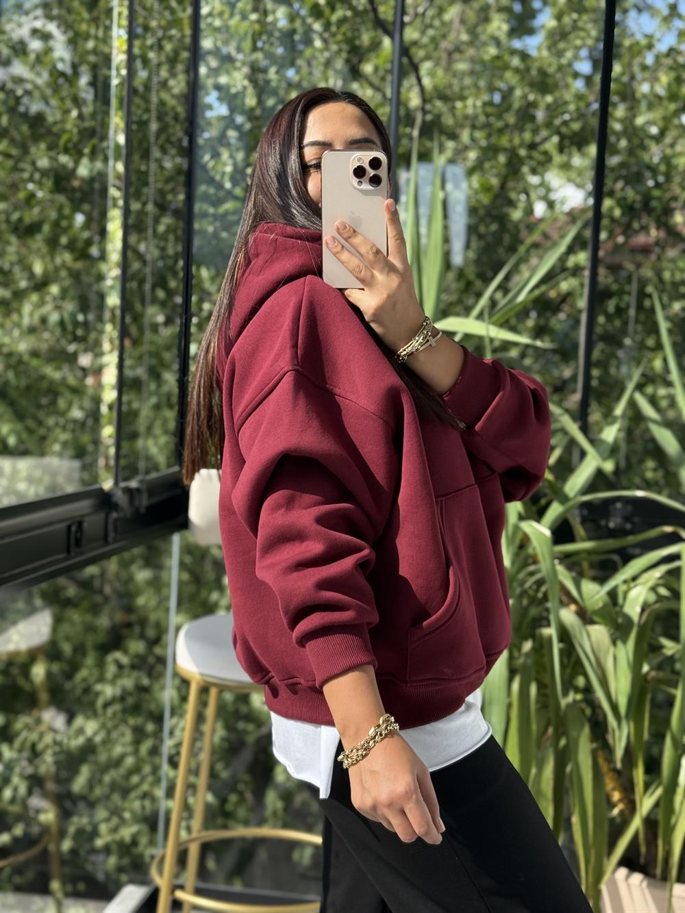 Kanguru Cep Kapşonlu Sweatshirt Bordo