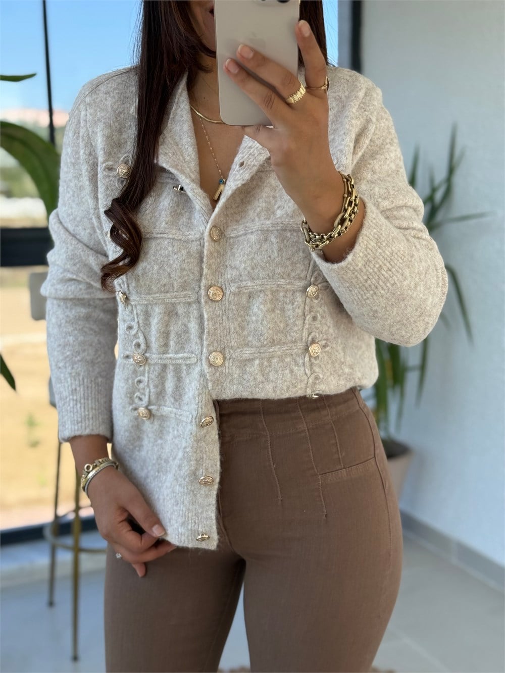 Gümüş Düğmeli Premium Hırka Bej