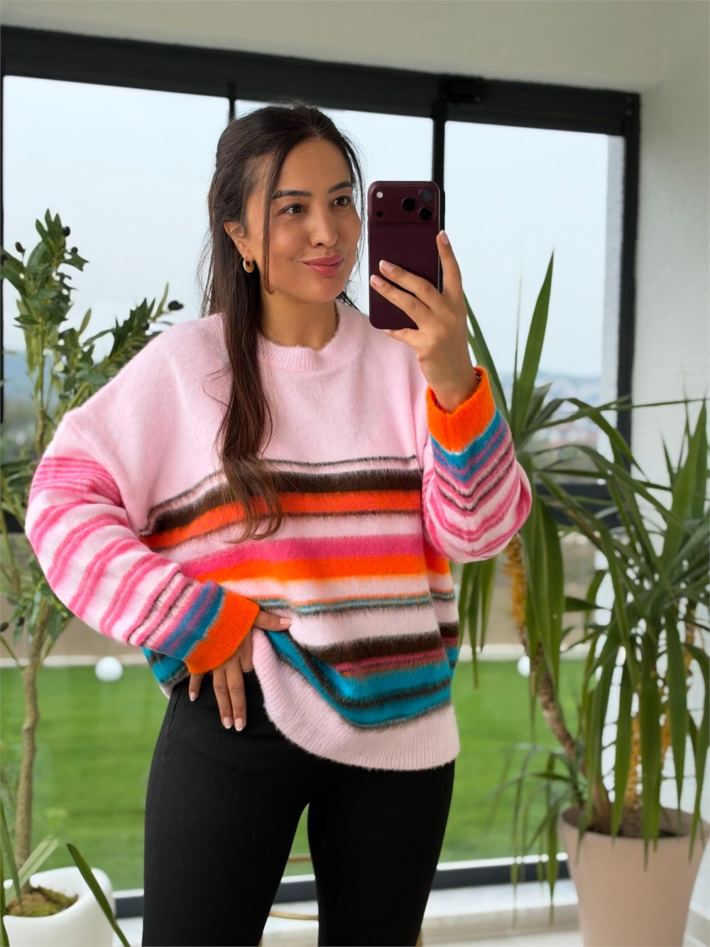 Renk Çizgili Yumoş Kazak Pembe