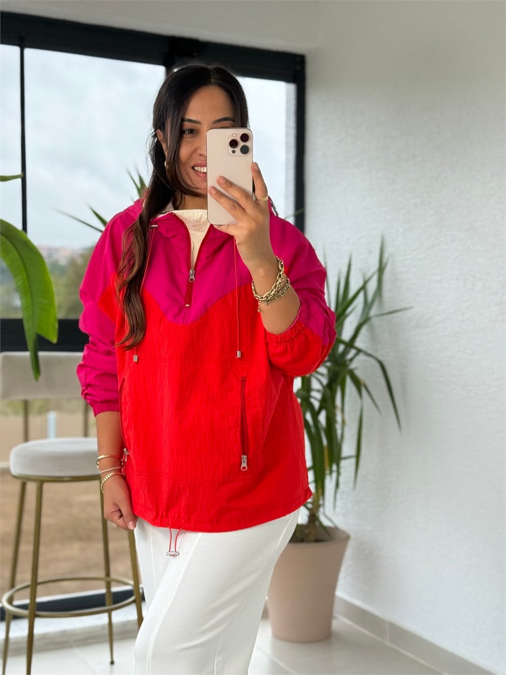 Renk Geçişli Fermuarlı Rüzgarlık Sweatshirt Pembe