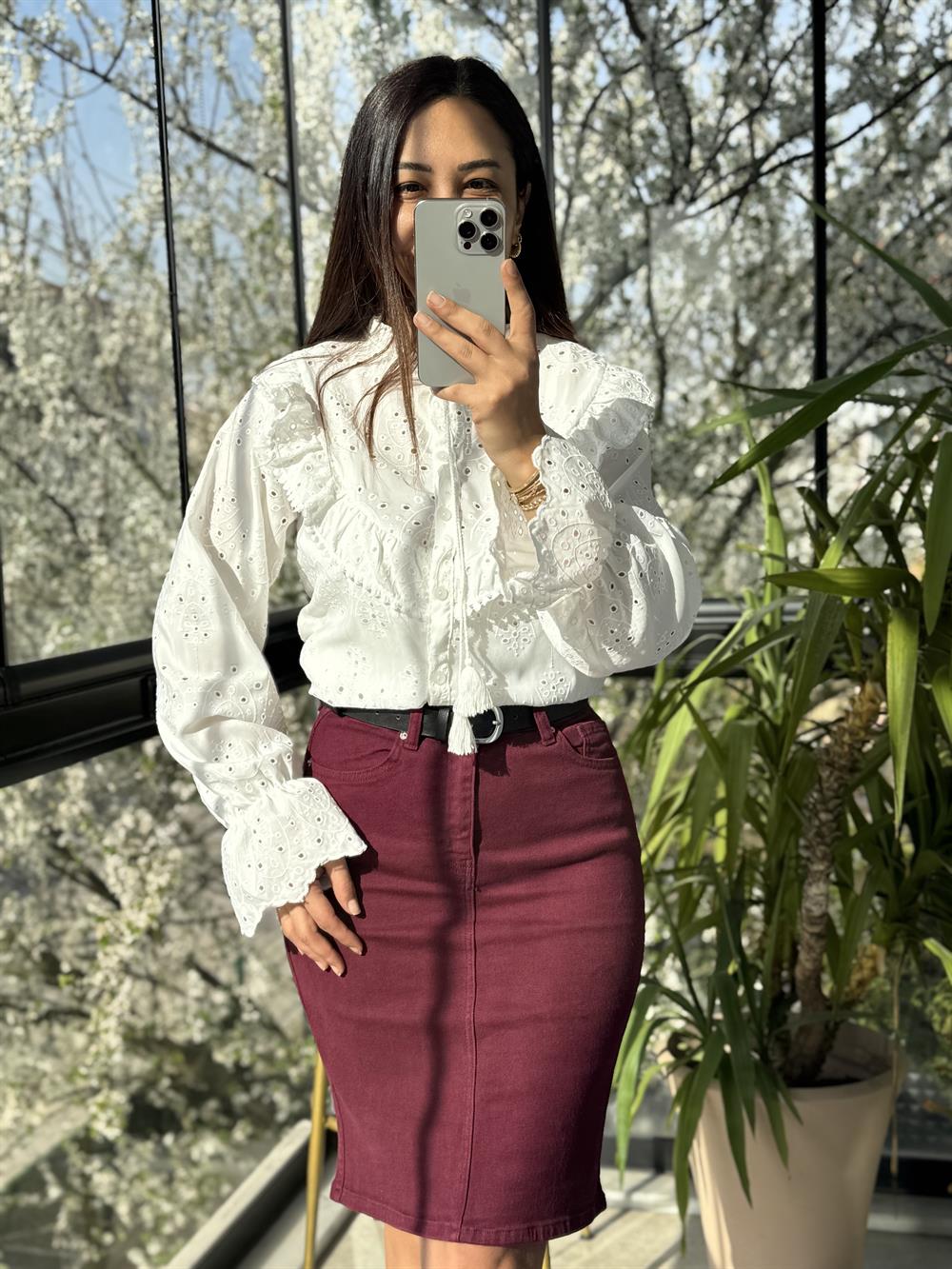 Fırfır Yaka Komple Brode Gömlek Beyaz