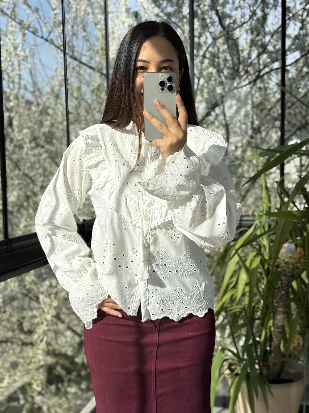 Fırfır Yaka Komple Brode Gömlek Beyaz