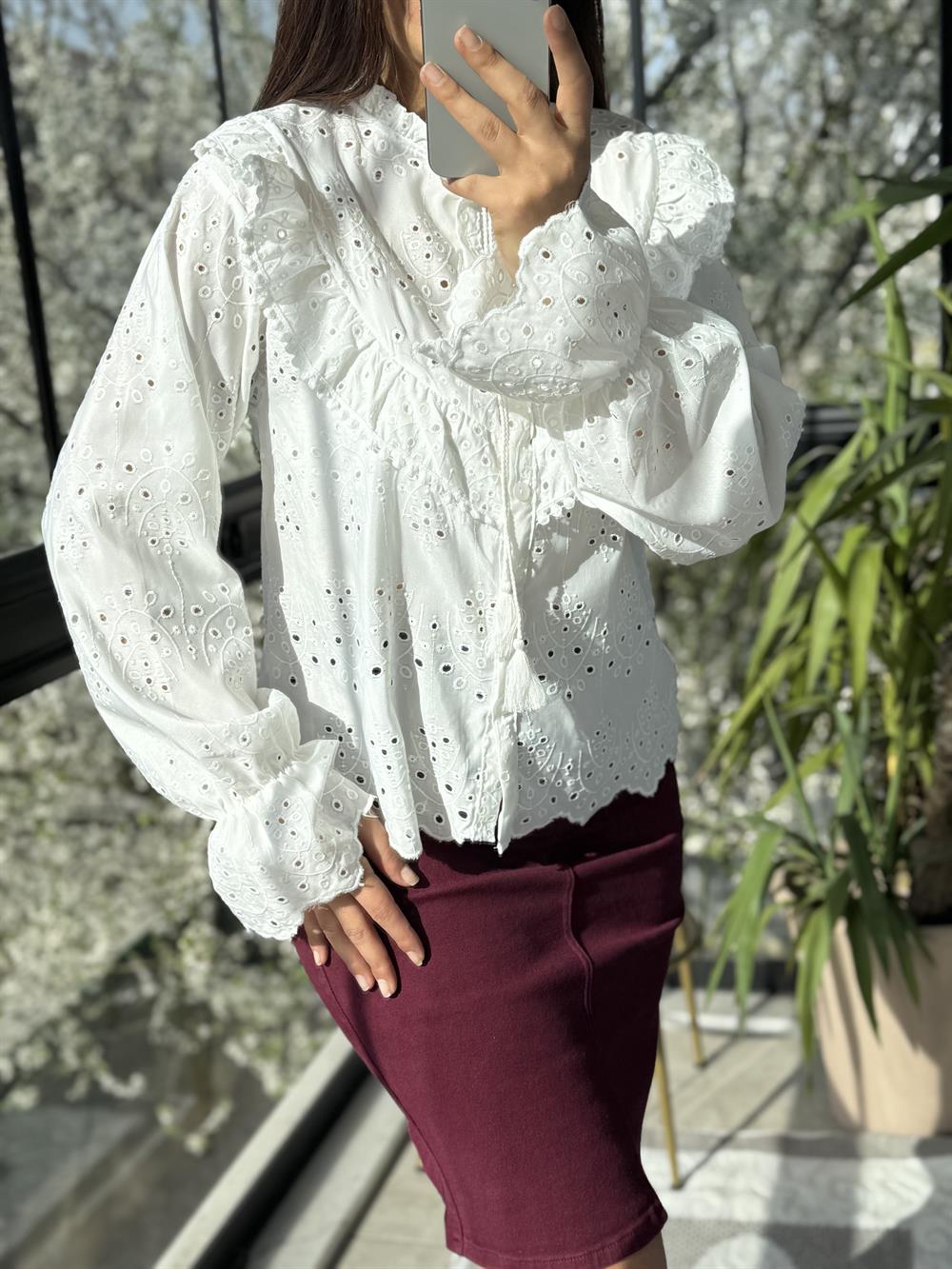 Fırfır Yaka Komple Brode Gömlek Beyaz