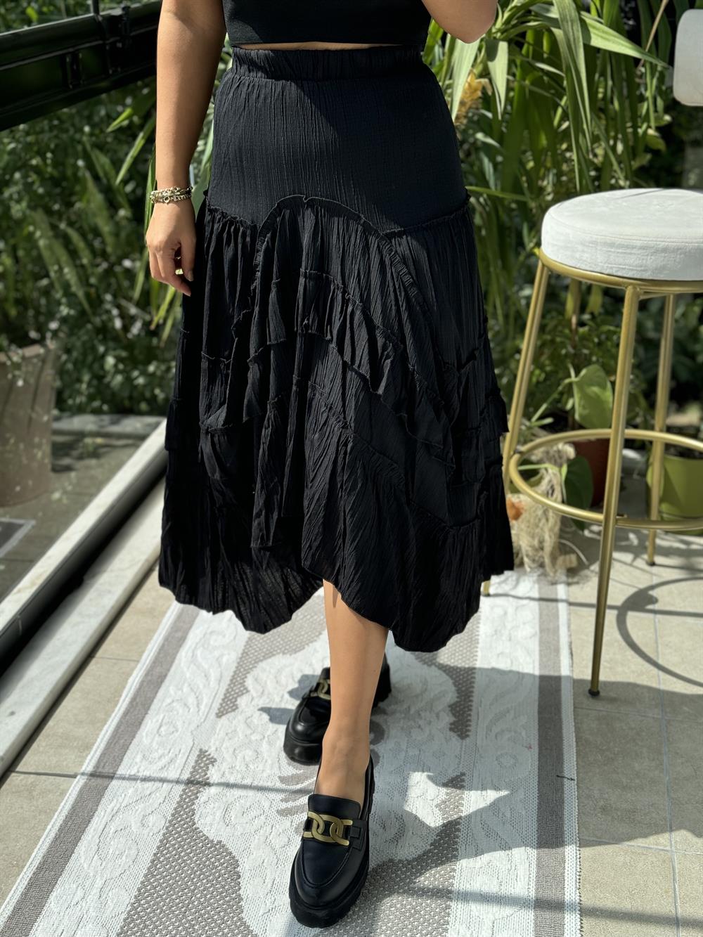 Fırfırlı Gofre Etek Siyah