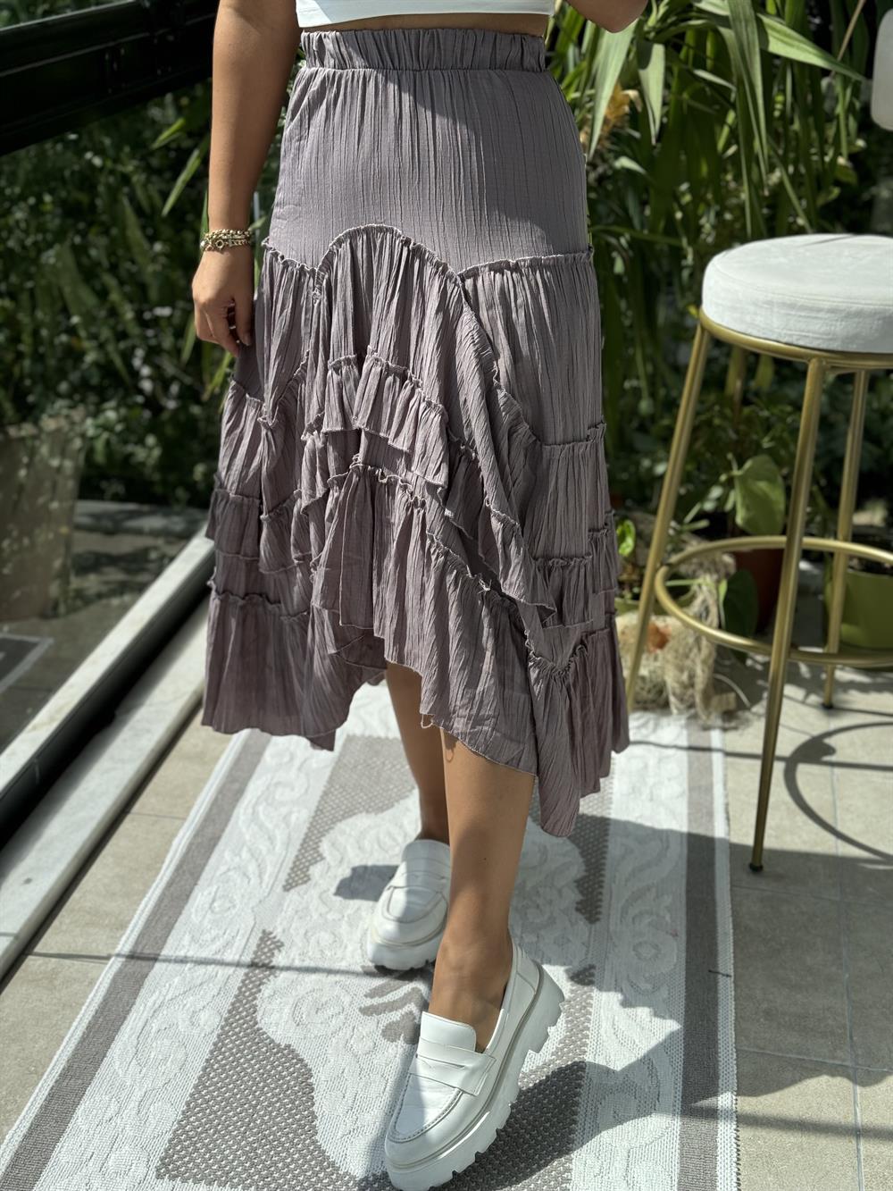 Fırfırlı Gofre Etek Vizon