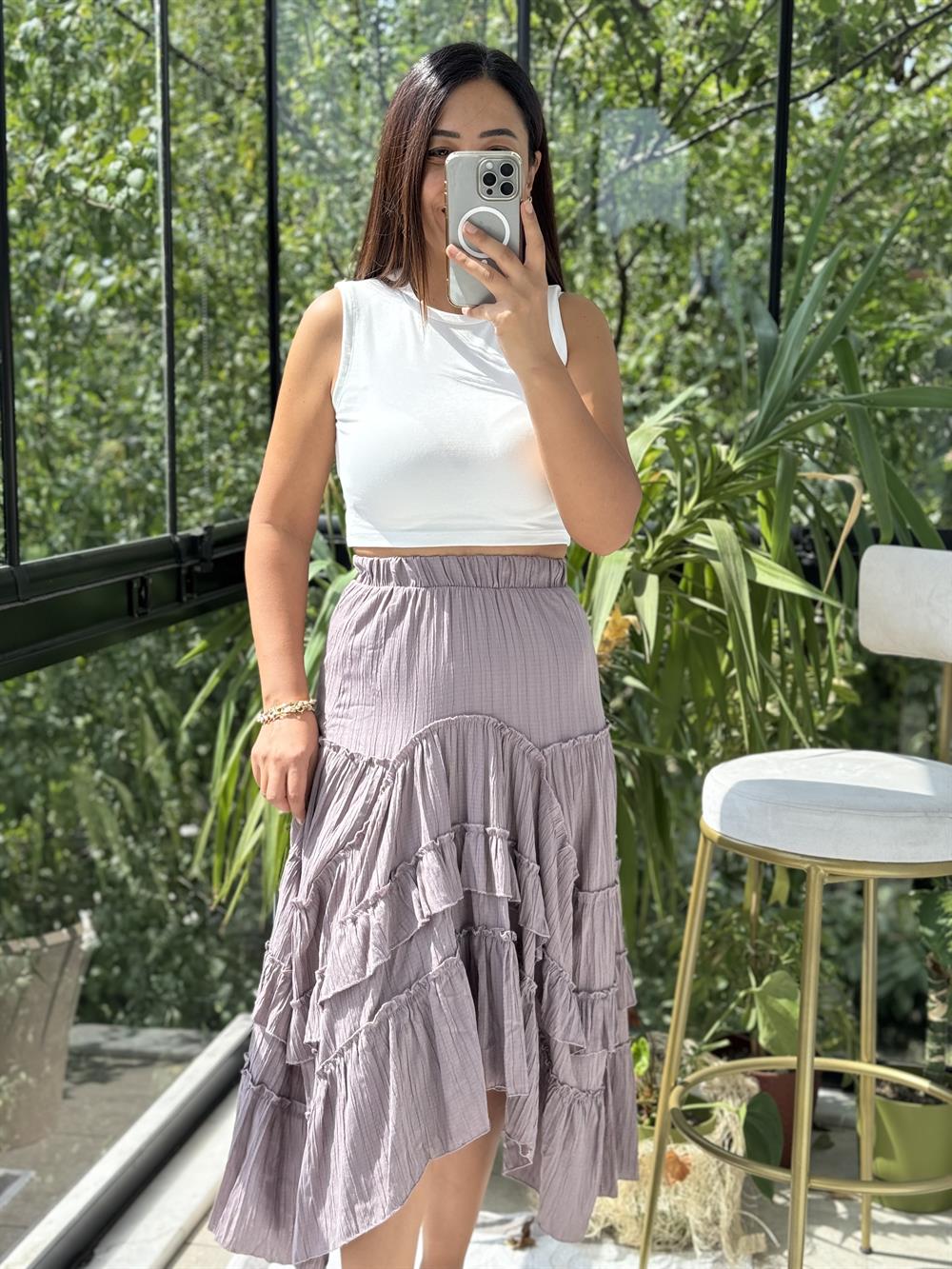 Fırfırlı Gofre Etek Vizon