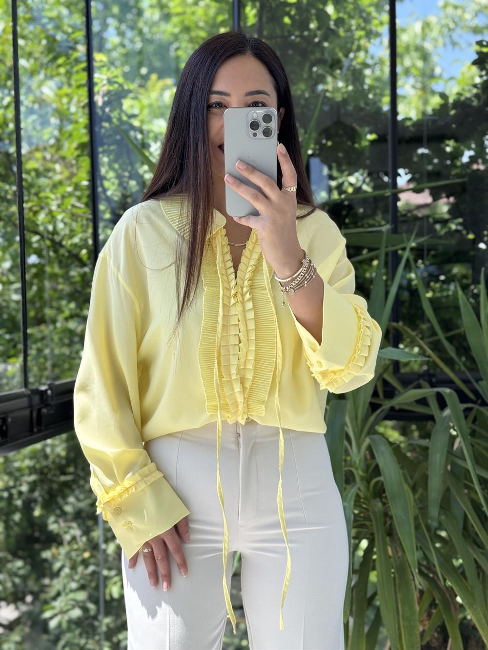 Fırfırlı Şifon Bluz Sarı