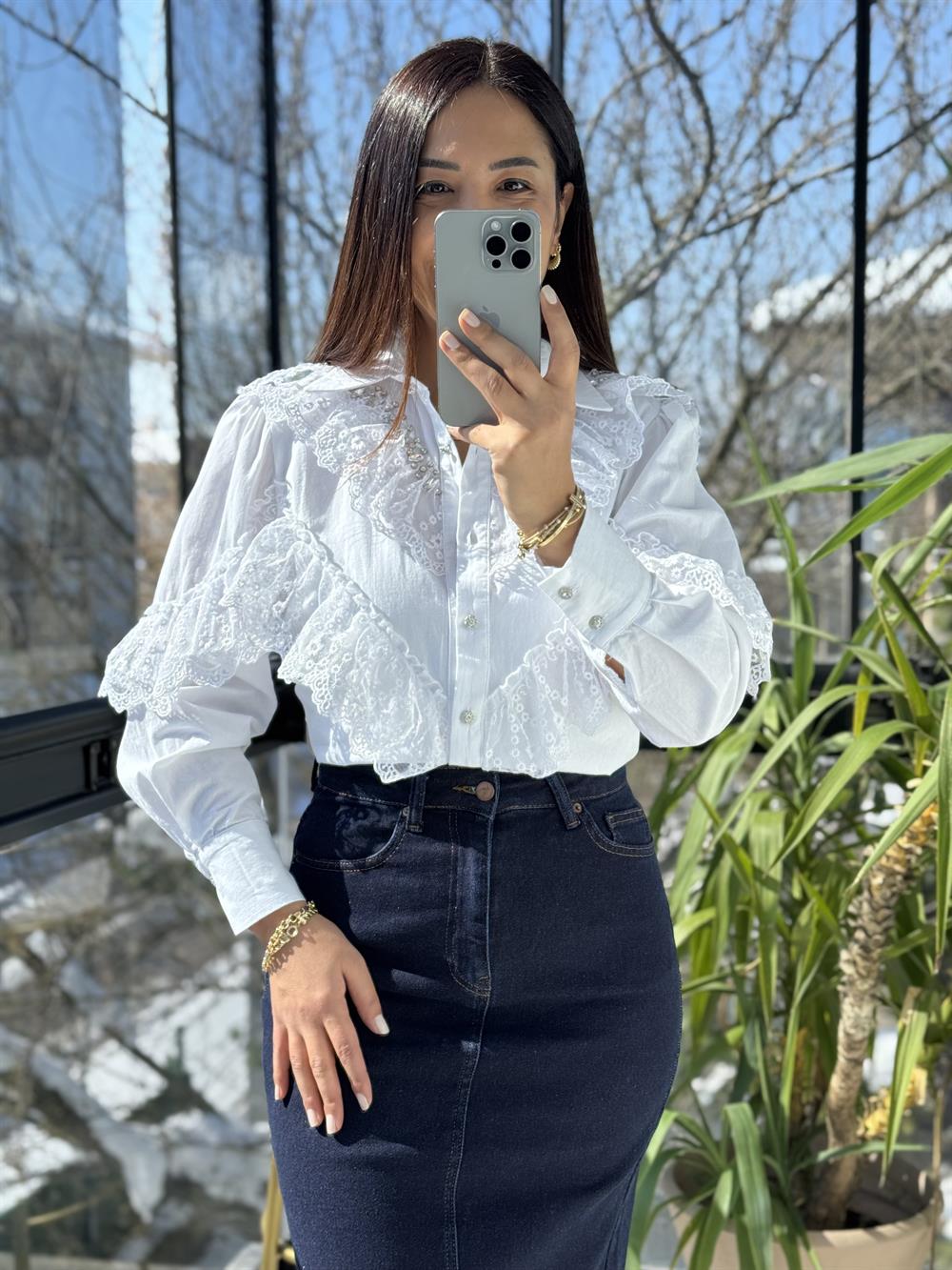 Fırfırlı Taşlı Poplin Gömlek Beyaz