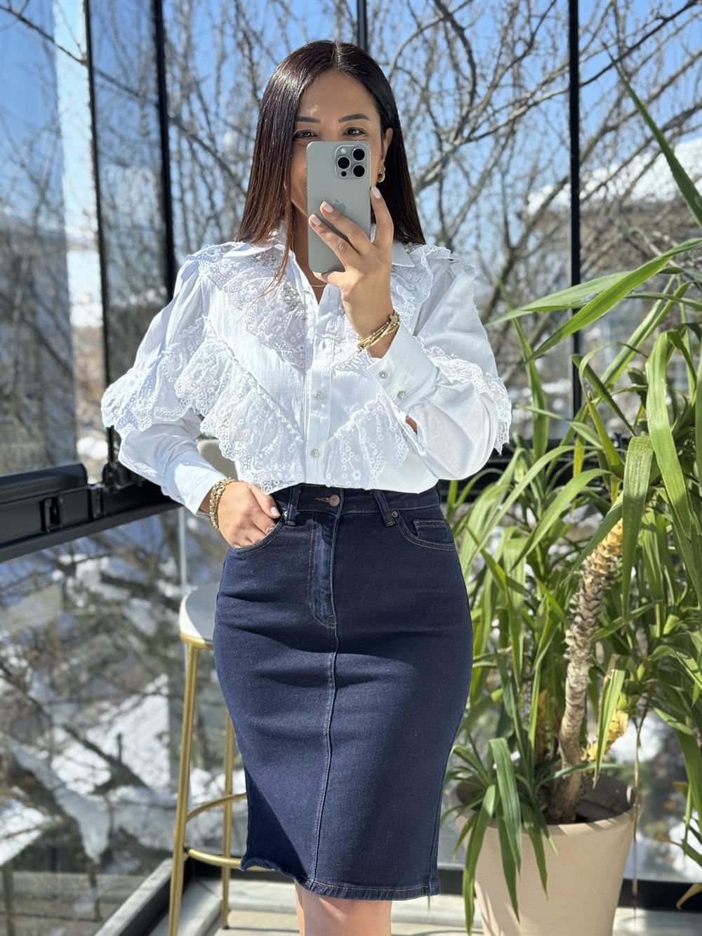 Fırfırlı Taşlı Poplin Gömlek Beyaz