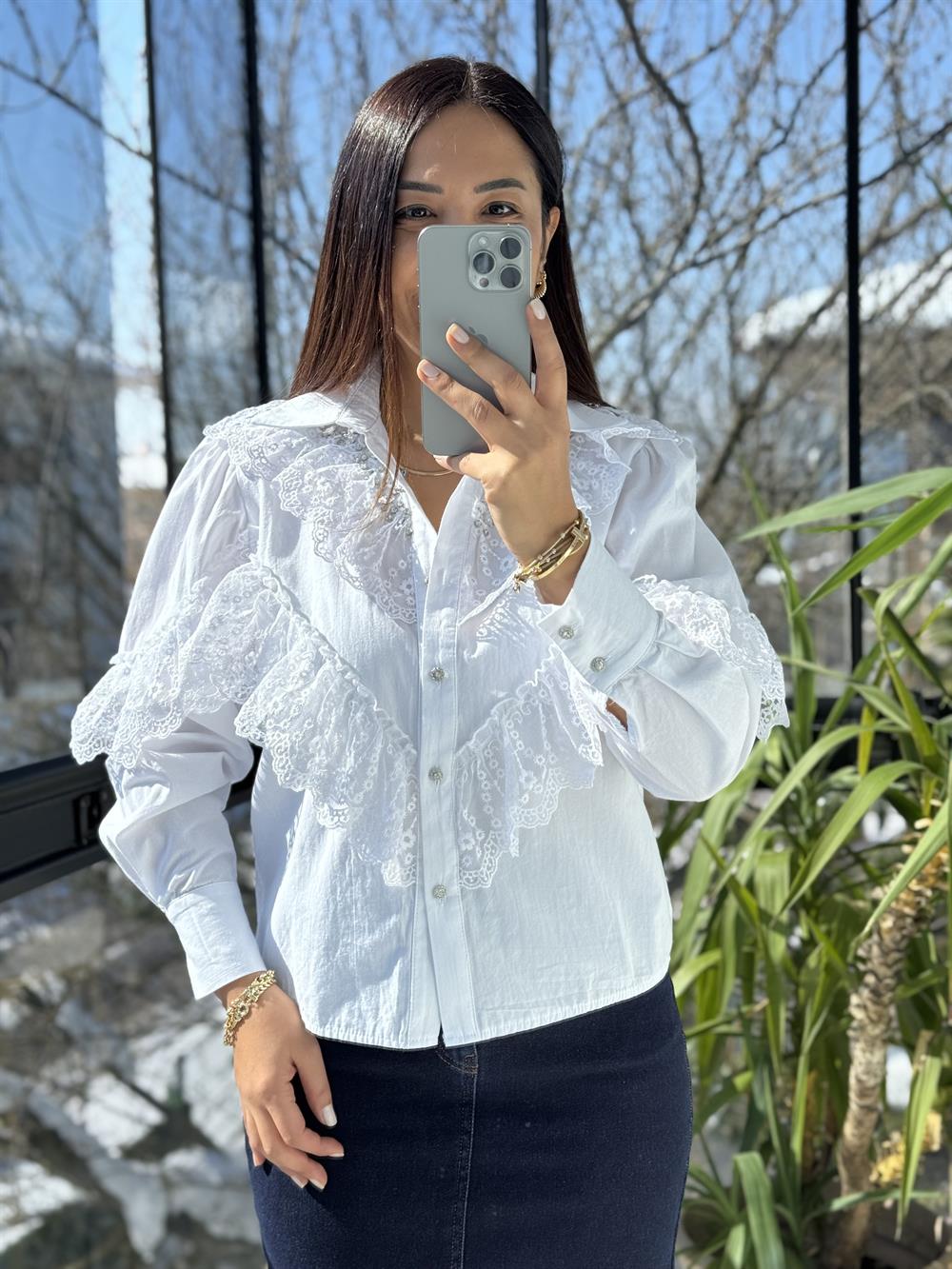 Fırfırlı Taşlı Poplin Gömlek Beyaz