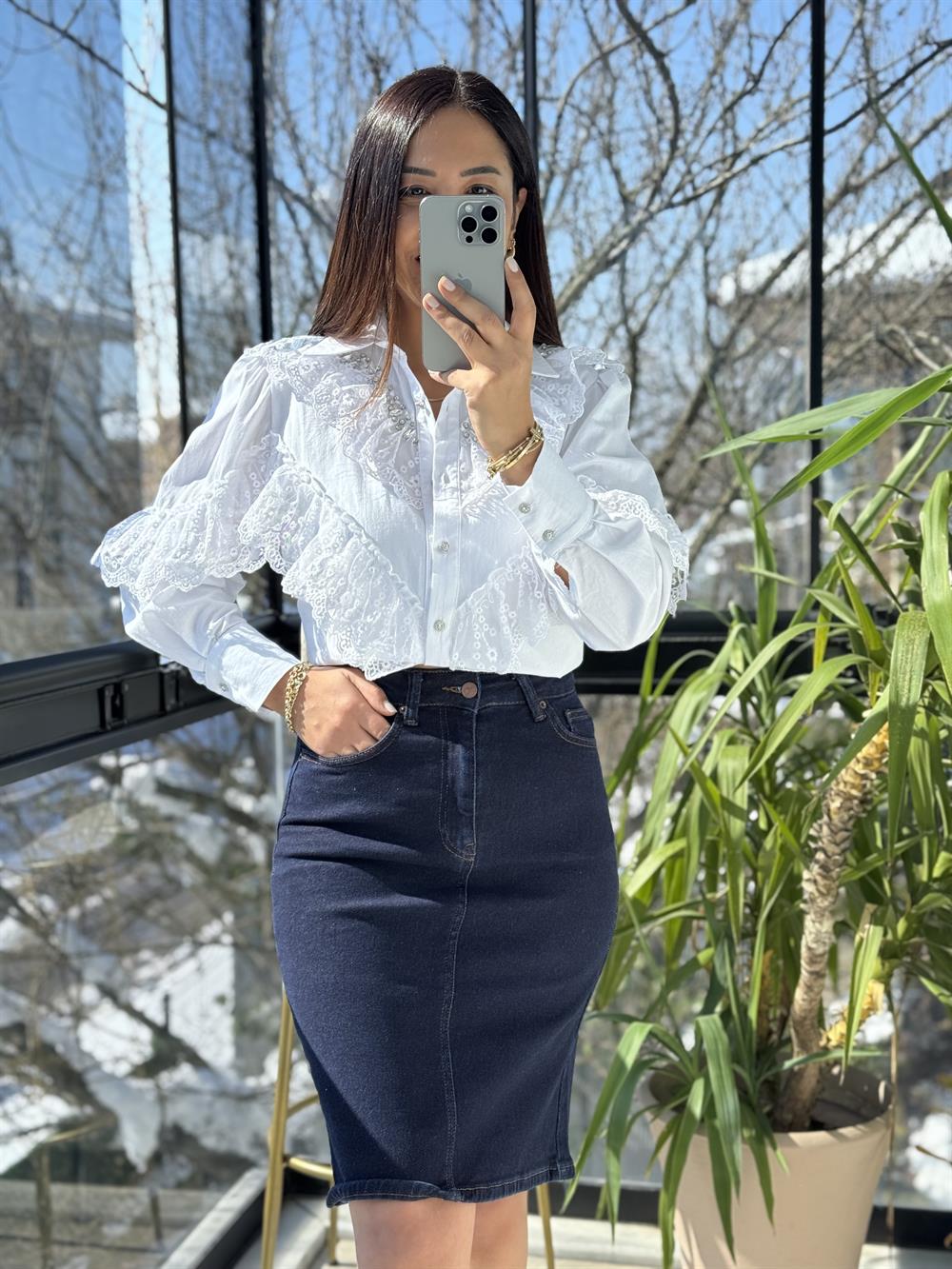 Fırfırlı Taşlı Poplin Gömlek Beyaz