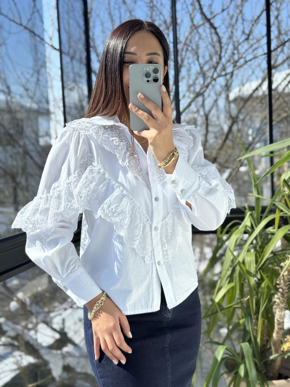 Fırfırlı Taşlı Poplin Gömlek Beyaz