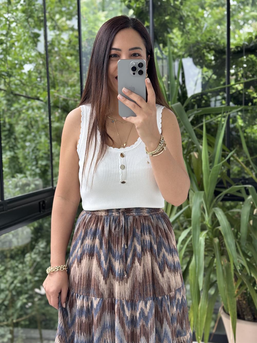 Fitilli Düğme Detaylı Triko Bluz Ekru