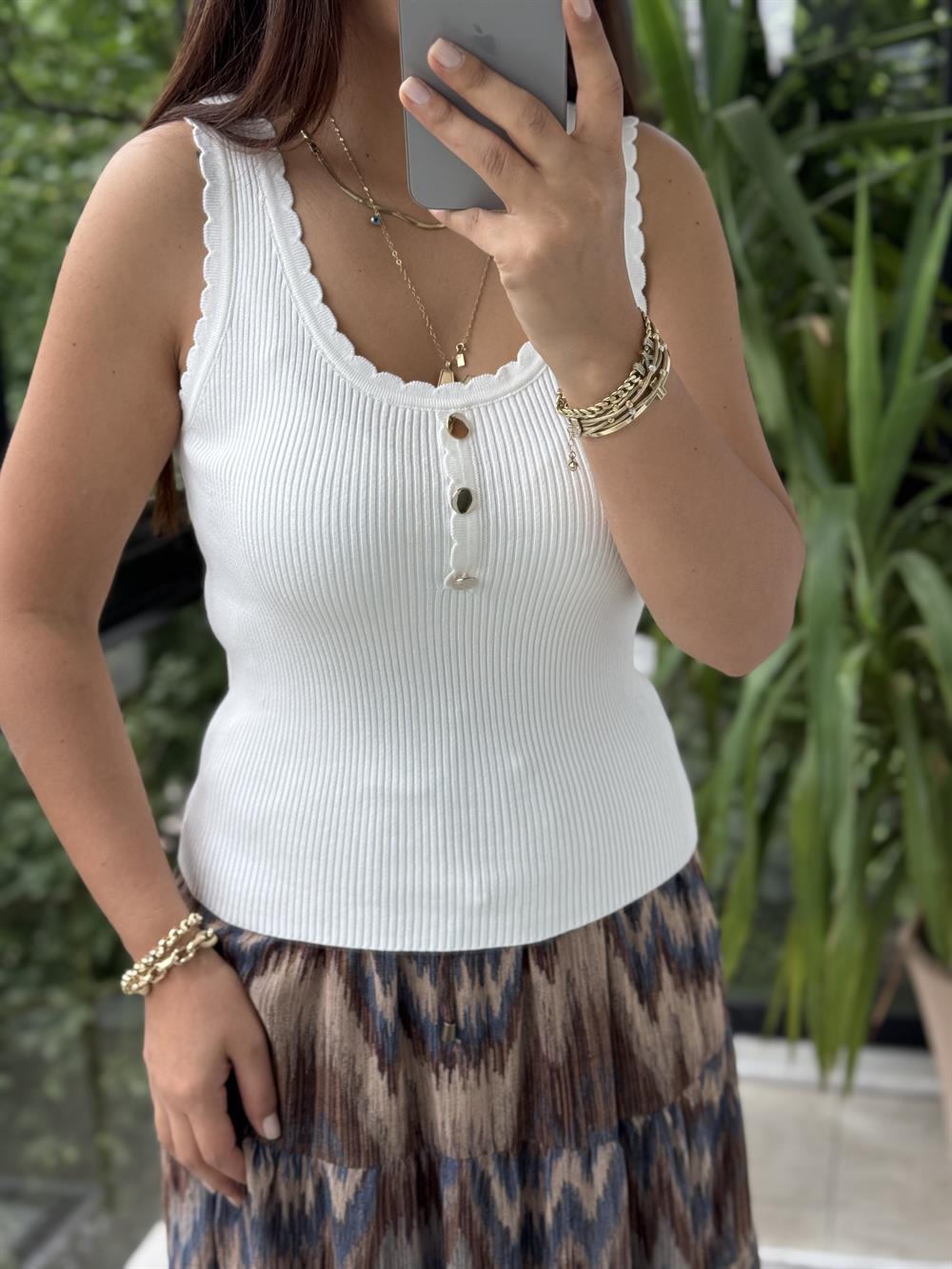 Fitilli Düğme Detaylı Triko Bluz Ekru