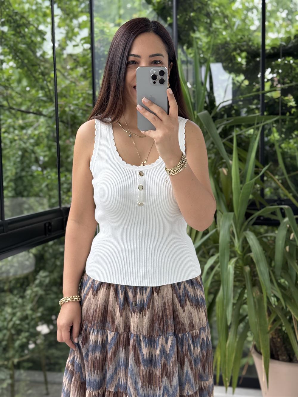 Fitilli Düğme Detaylı Triko Bluz Ekru