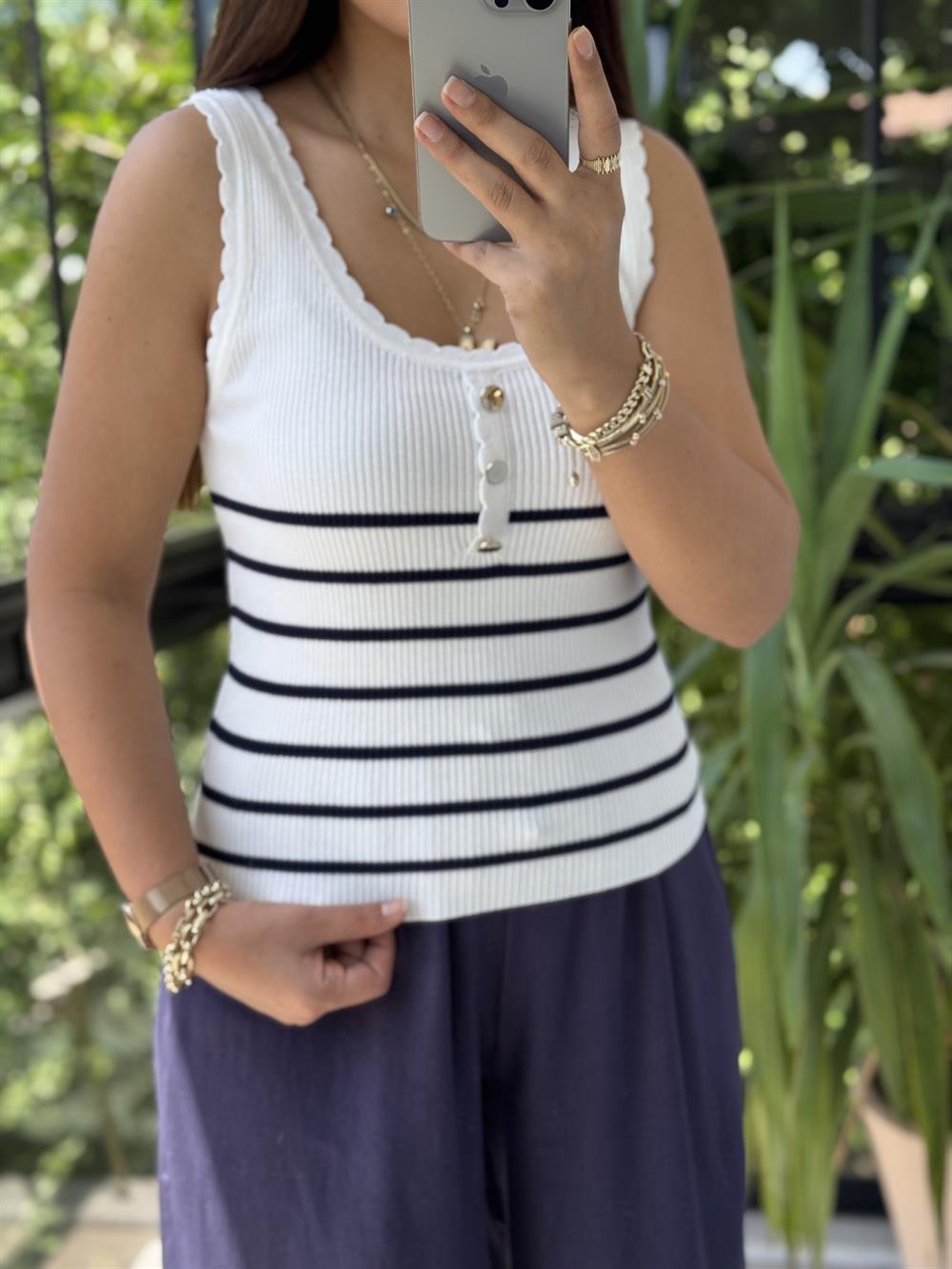 Fitilli Düğme Detaylı Triko Bluz Lacivert