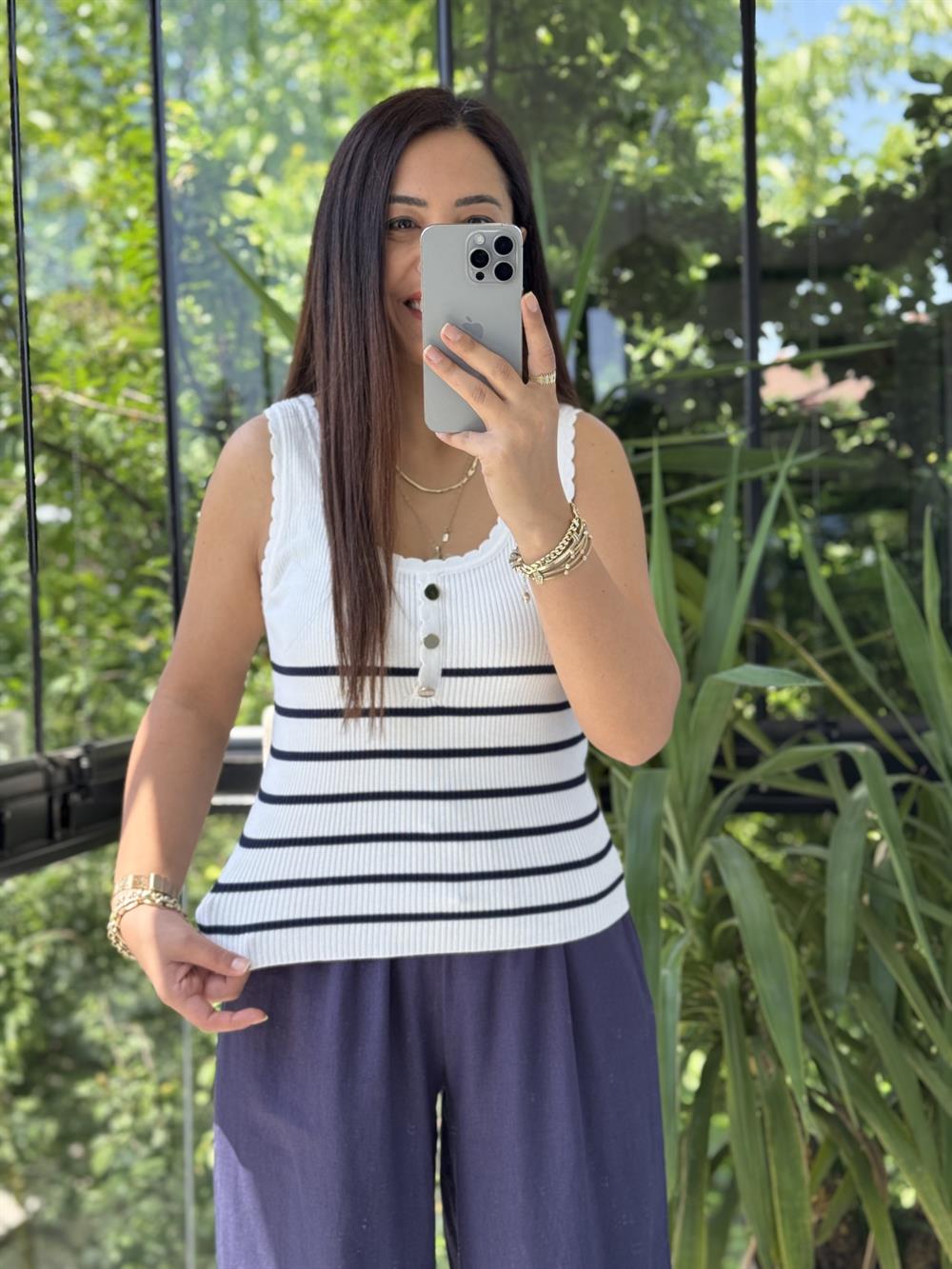 Fitilli Düğme Detaylı Triko Bluz Lacivert