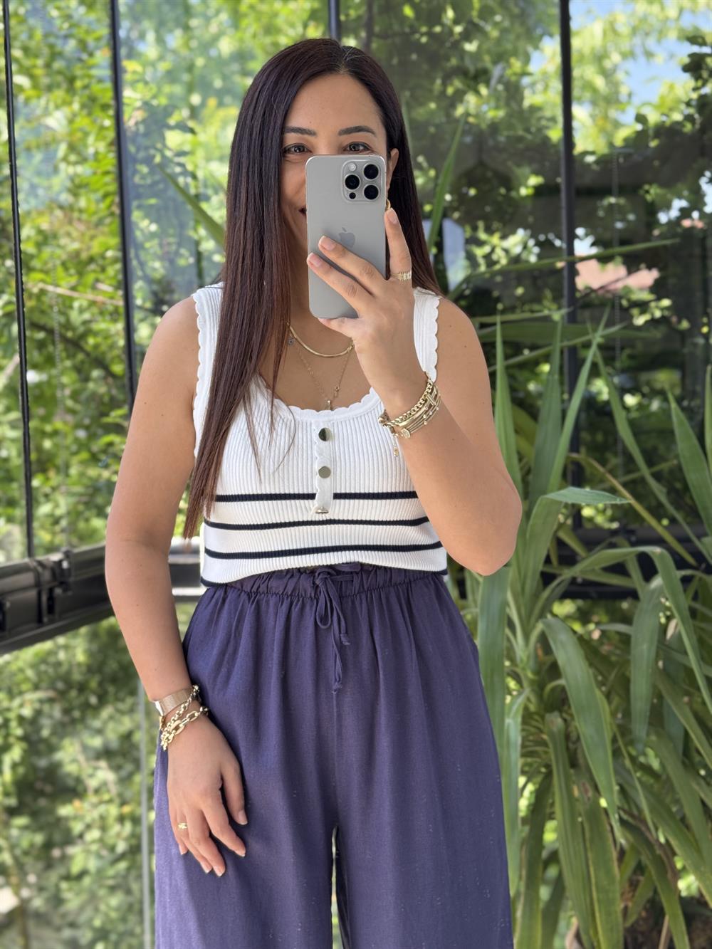 Fitilli Düğme Detaylı Triko Bluz Lacivert