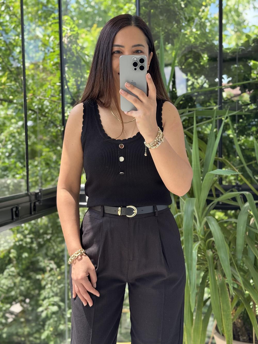 Fitilli Düğme Detaylı Triko Bluz Siyah