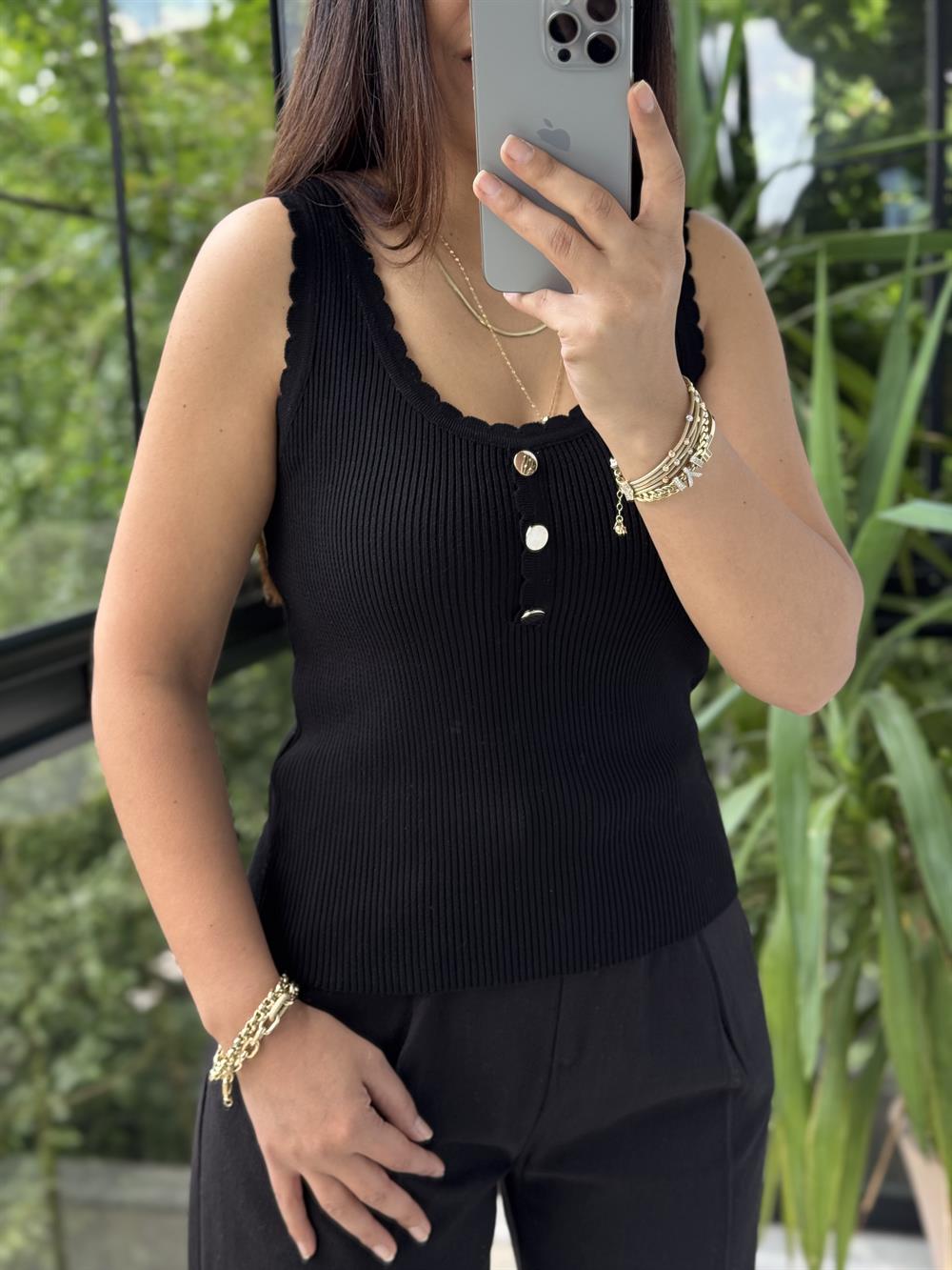 Fitilli Düğme Detaylı Triko Bluz Siyah