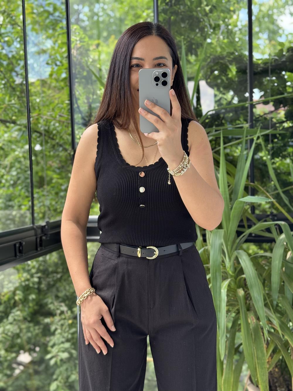 Fitilli Düğme Detaylı Triko Bluz Siyah