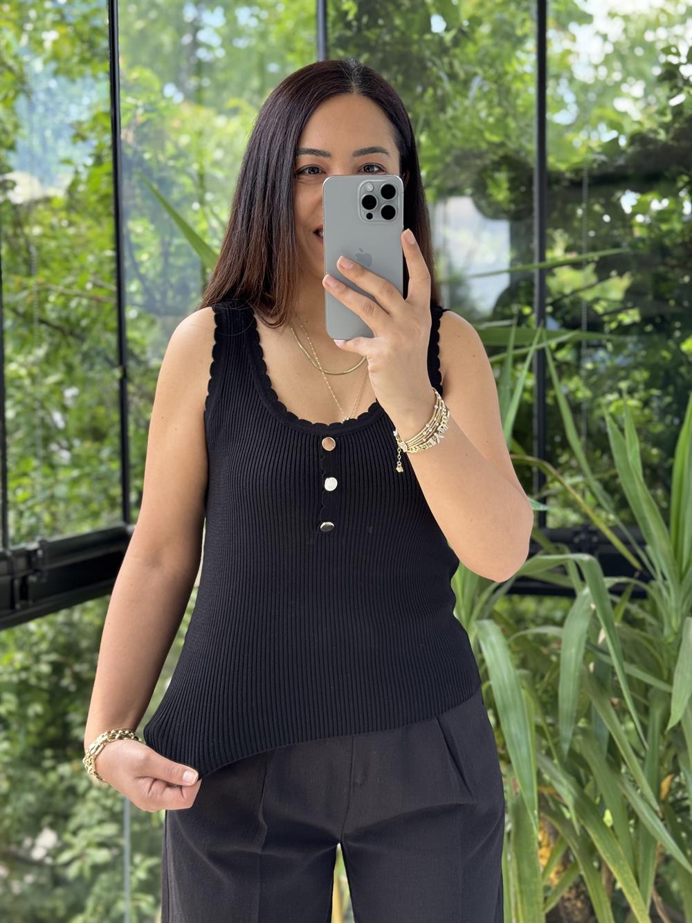 Fitilli Düğme Detaylı Triko Bluz Siyah