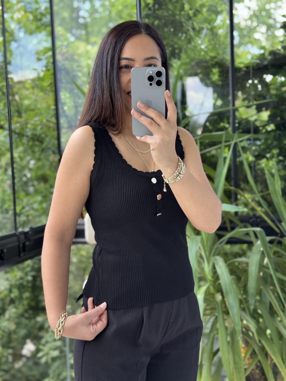 Fitilli Düğme Detaylı Triko Bluz Siyah