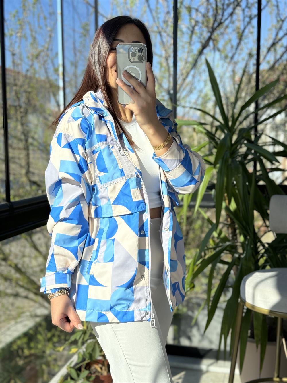 Geometrik Desen Yağmurluk Mavi