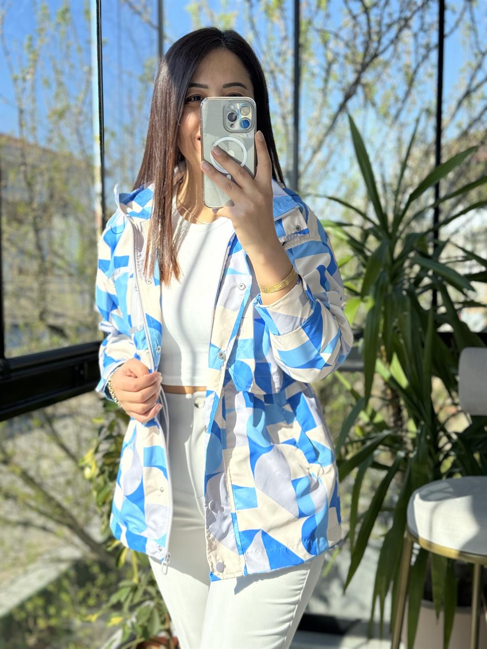 Geometrik Desen Yağmurluk Mavi