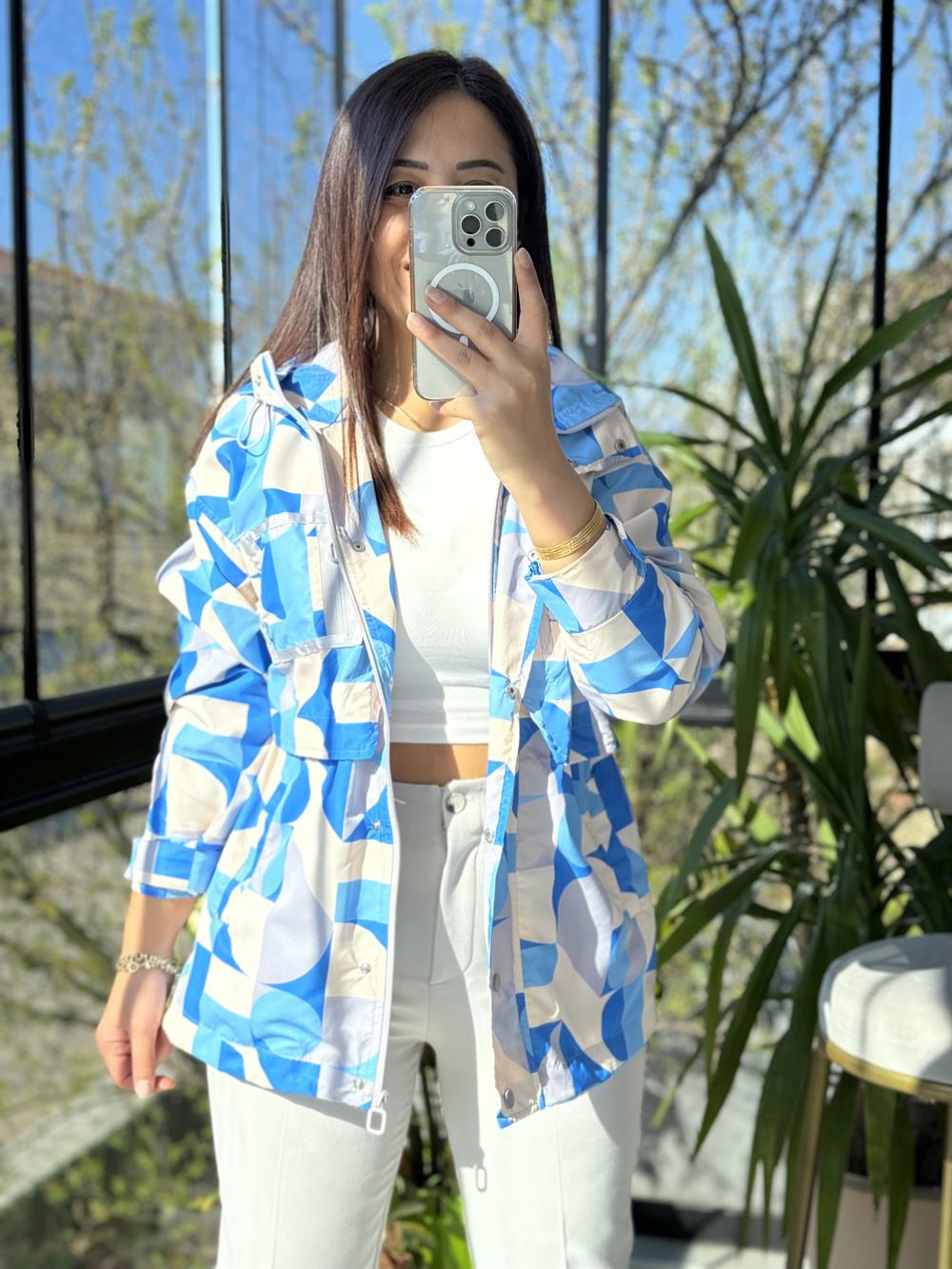 Geometrik Desen Yağmurluk Mavi