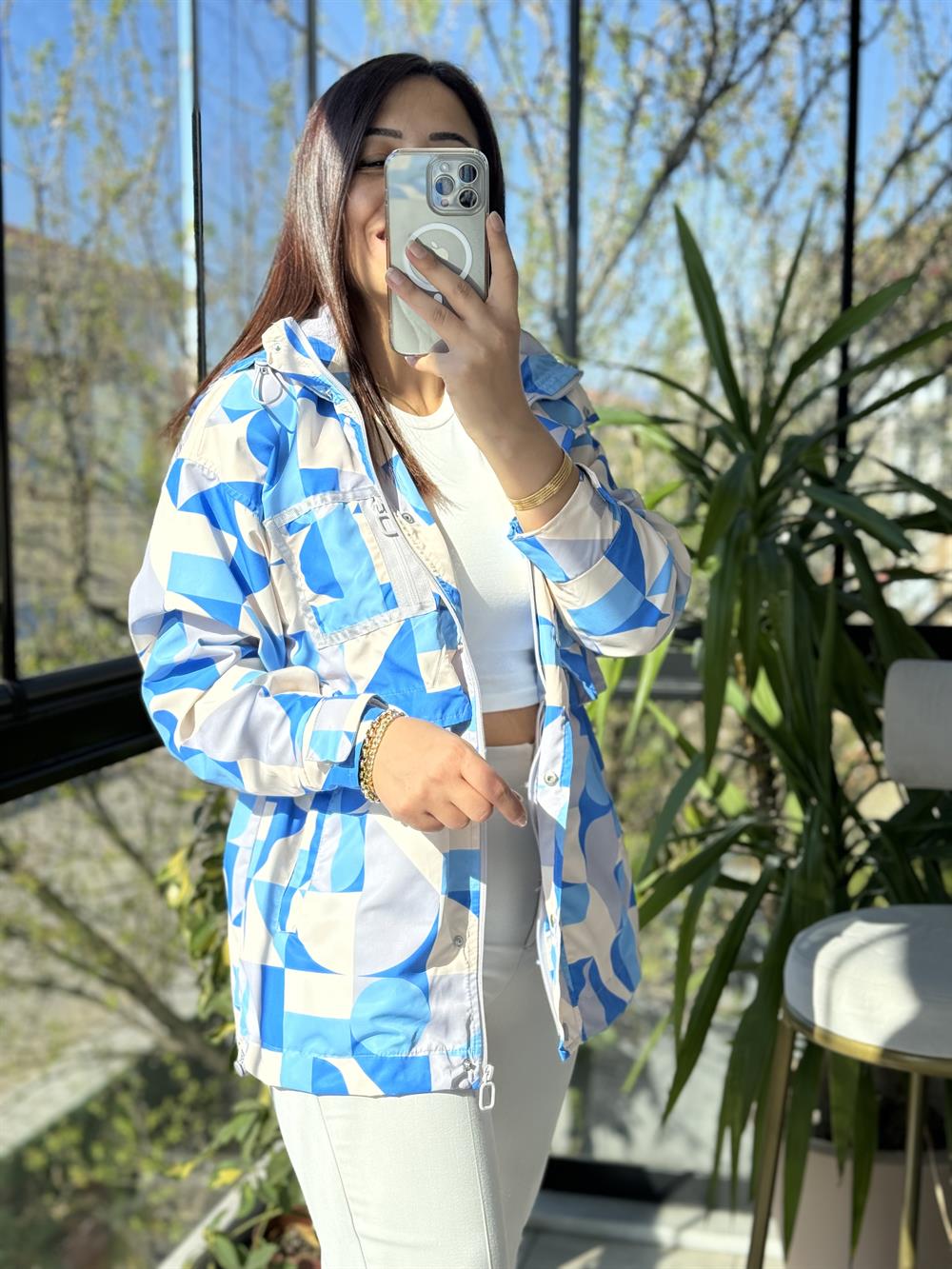 Geometrik Desen Yağmurluk Mavi