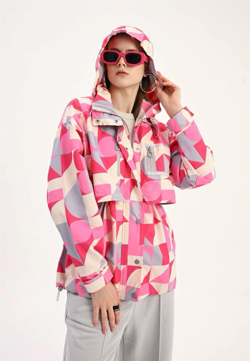 Geometrik Desen Yağmurluk Pembe