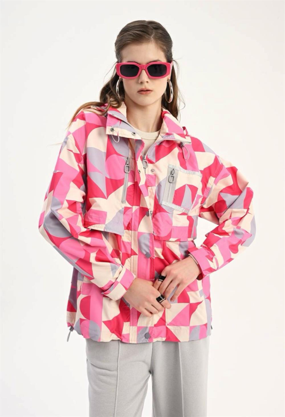 Geometrik Desen Yağmurluk Pembe