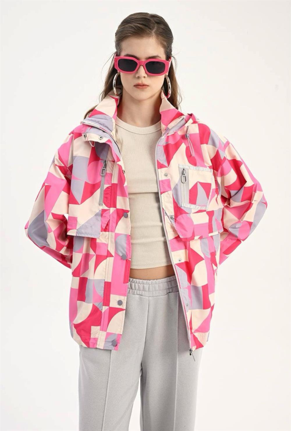 Geometrik Desen Yağmurluk Pembe
