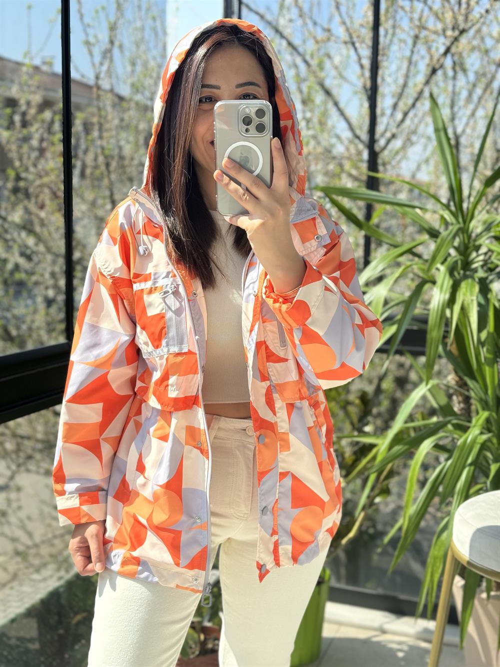 Geometrik Desen Yağmurluk Turuncu