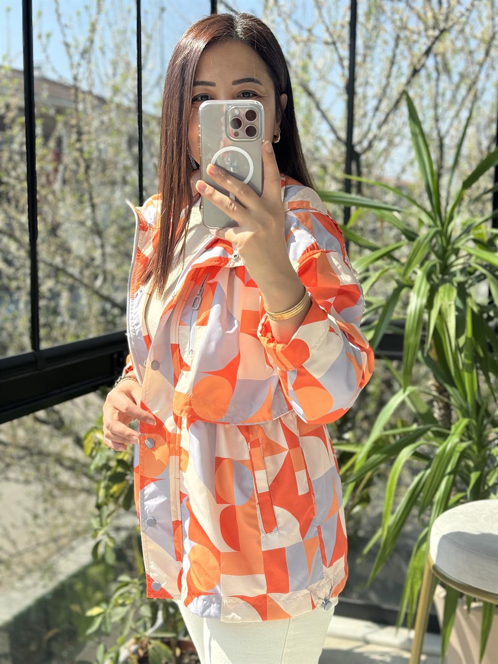 Geometrik Desen Yağmurluk Turuncu