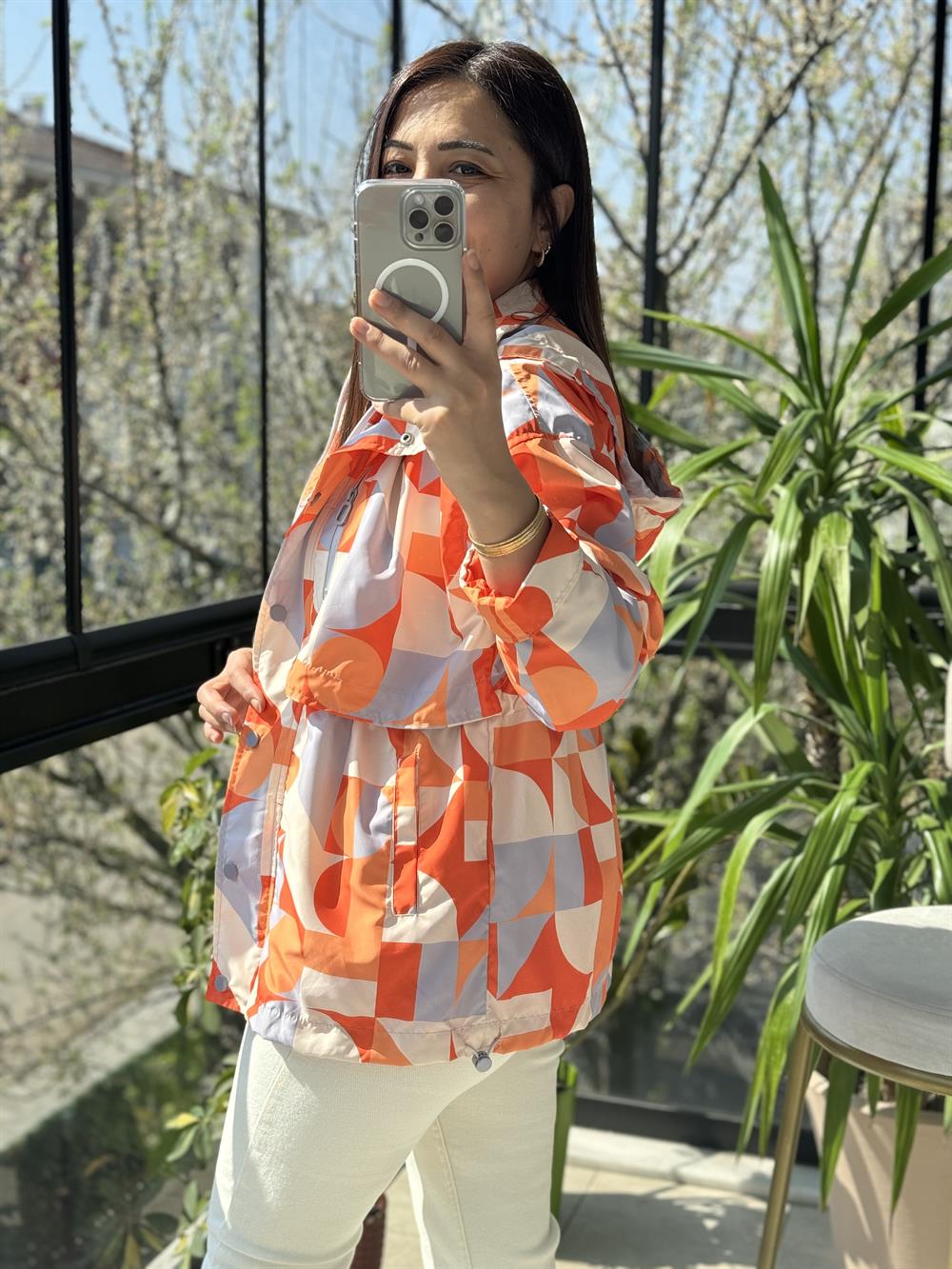 Geometrik Desen Yağmurluk Turuncu