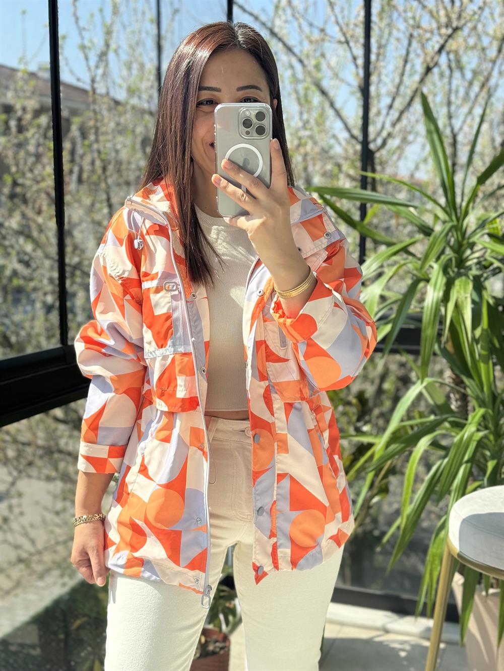 Geometrik Desen Yağmurluk Turuncu