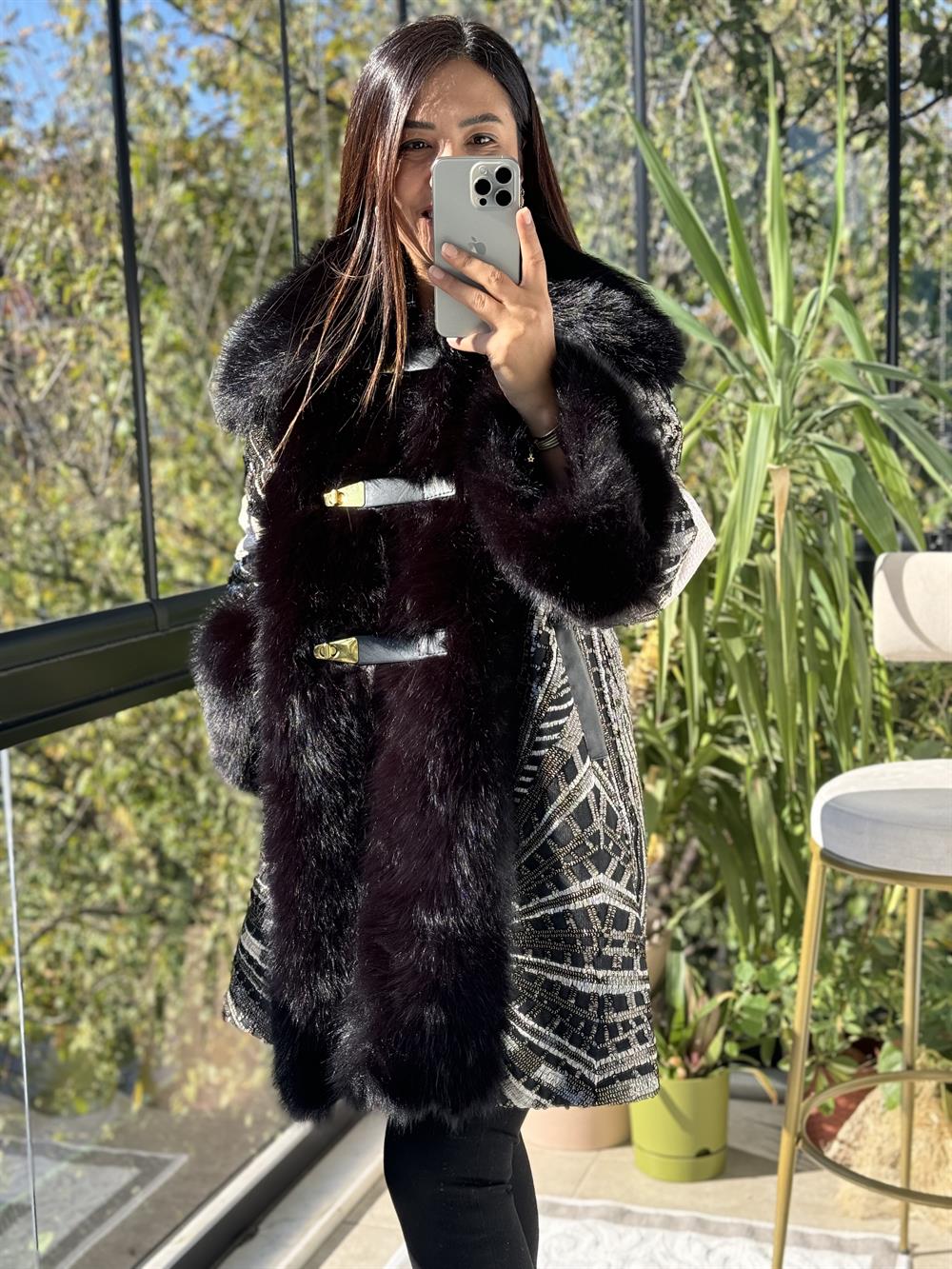 Gold Düğme Detaylı Kürk Kaban Siyah