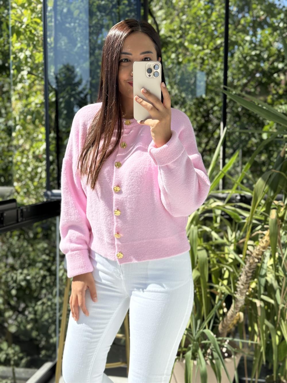 Gold Düğme Detaylı Yumoş Hırka Pembe