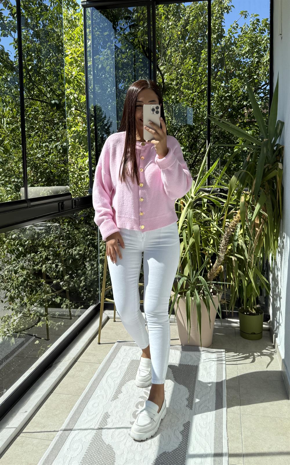 Gold Düğme Detaylı Yumoş Hırka Pembe