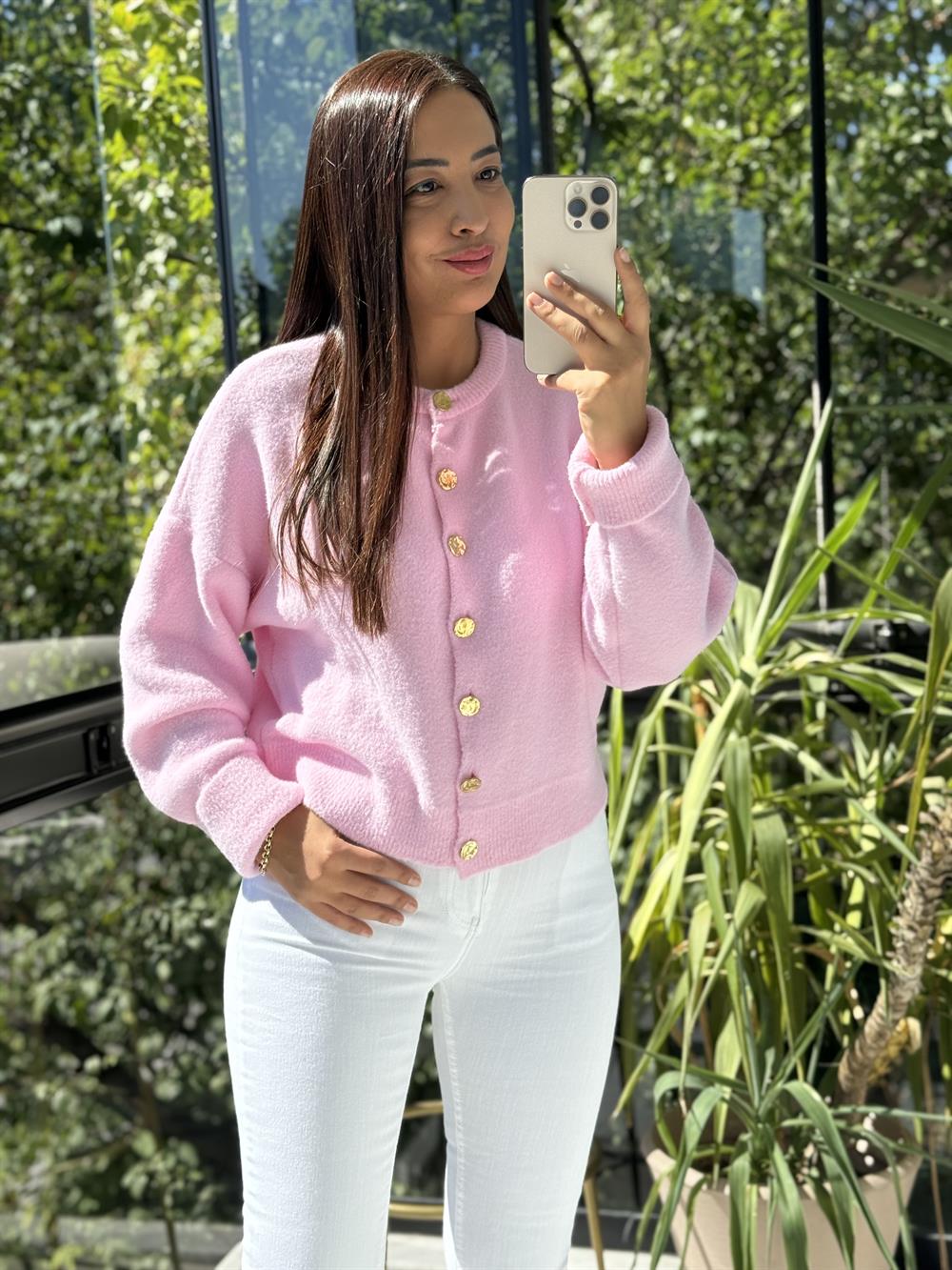 Gold Düğme Detaylı Yumoş Hırka Pembe