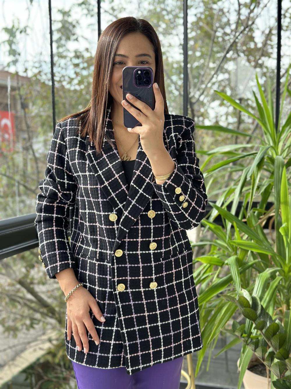 Gold Düğme Kareli Tüvit Blazer Ceket Lila