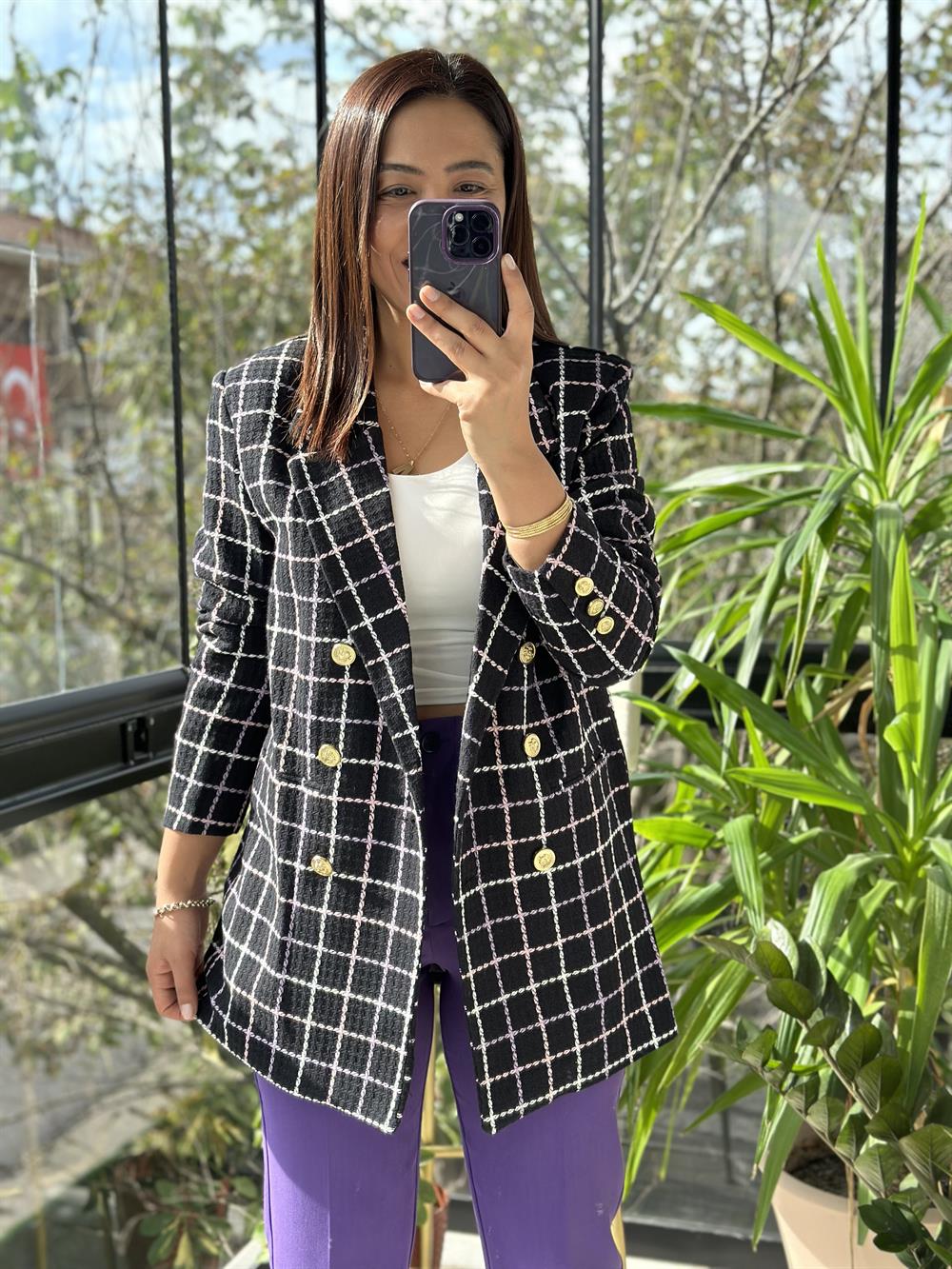 Gold Düğme Kareli Tüvit Blazer Ceket Lila