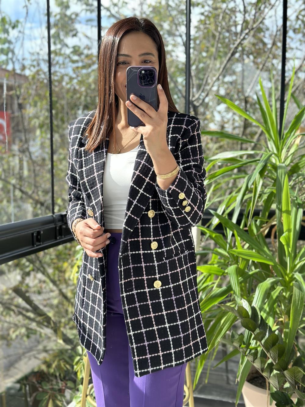 Gold Düğme Kareli Tüvit Blazer Ceket Lila